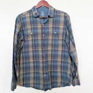 KÜHL Shirt Mens S Navy Tan Plaid Button Up Long Sleeve Fugitive Flannel Rugged
